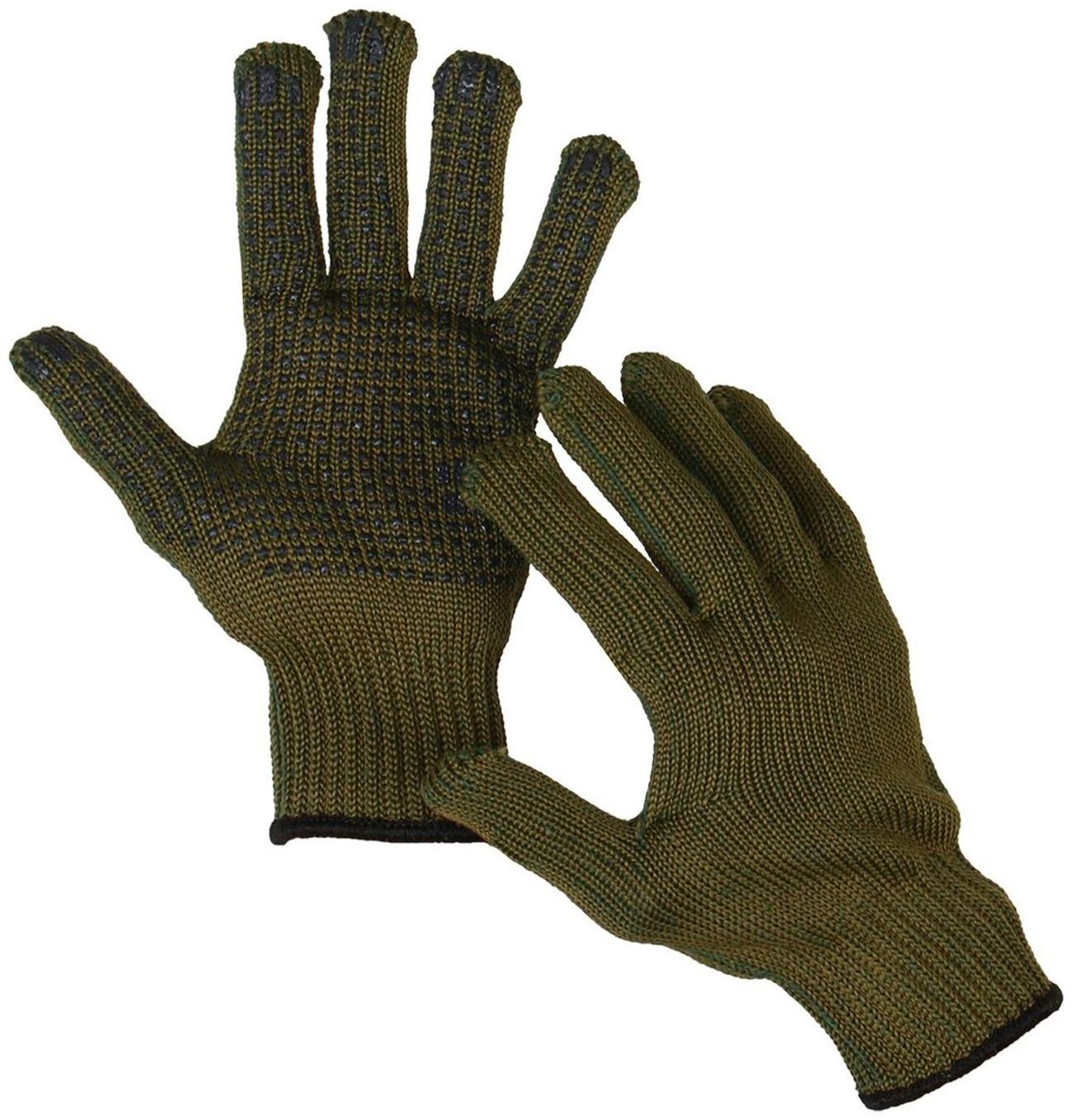 Перчатки, х/б, вязка 10 класс, 5 нитей, 3-слойные, размер 10, с ПВХ протектором, зелёные, «Олива»