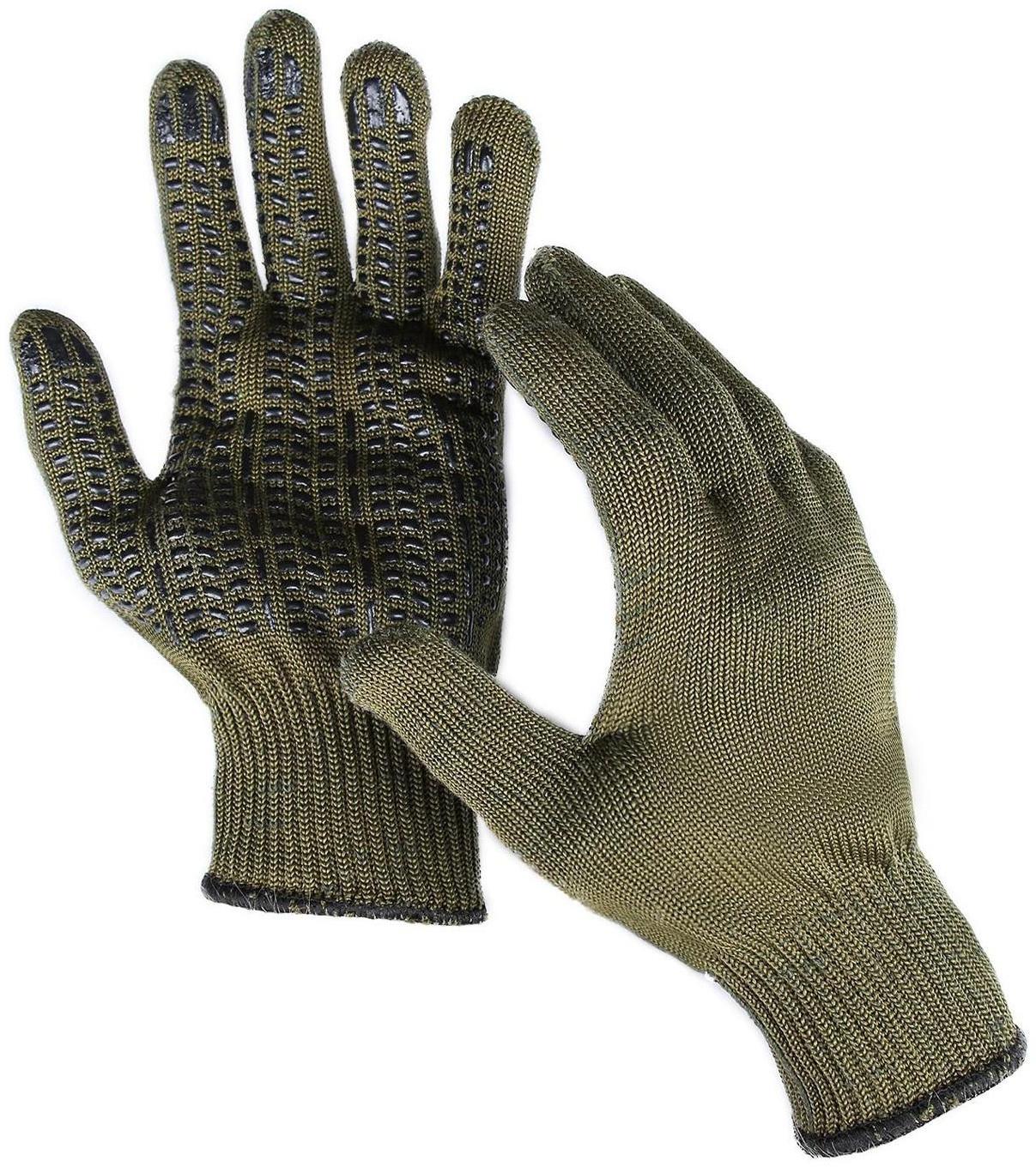 Перчатки, х/б, вязка 10 класс, 5 нитей, 3-слойные, размер 10, с ПВХ протектором, зелёные, «Олива»