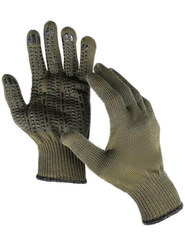 Перчатки, х/б, вязка 10 класс, 5 нитей, 3-слойные, размер 10, с ПВХ протектором, зелёные, «Олива»