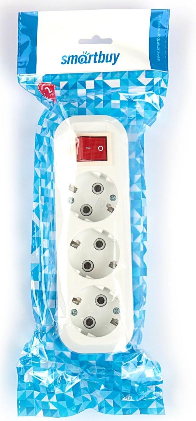 Колодка Smartbuy, 3 розетки, 16 А, 3500 Вт, с з/к, с выключателем, белая