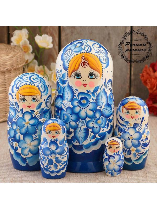 Матрёшка «Гжель», синее платье, 5 кукольная, 18 см