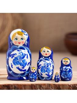 Матрёшка «Поднос гжель», синее платье, 5 кукольная, 10 см