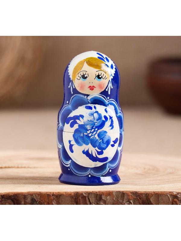 Матрёшка «Поднос гжель», синее платье, 5 кукольная, 10 см