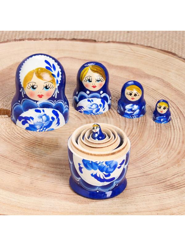 Матрёшка «Поднос гжель», синее платье, 5 кукольная, 10 см
