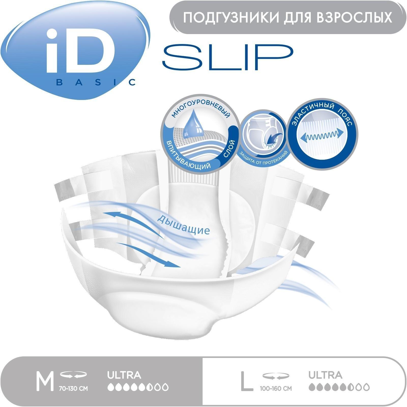 Подгузники для взрослых iD Slip Basic, размер M, 10 шт.