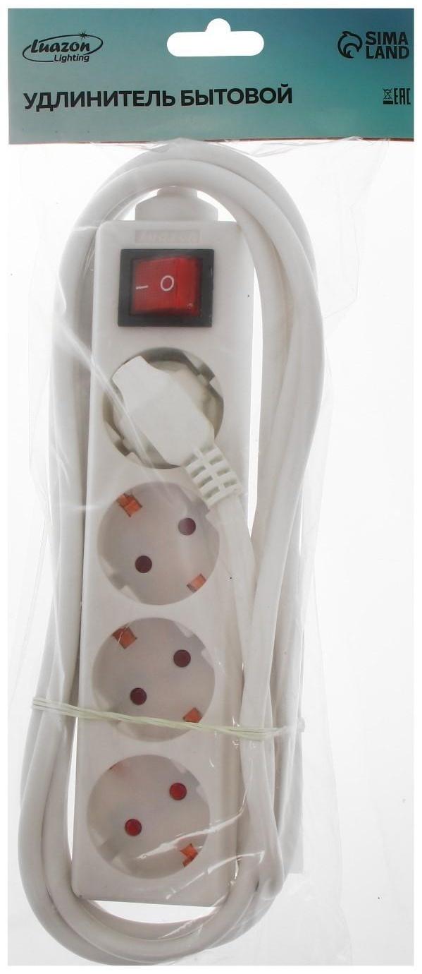 Удлинитель Luazon Lighting, 4 розетки, 3 м, 10 А, 2200 Вт, 3х1.5 мм2, с з/к, с выкл., Б
