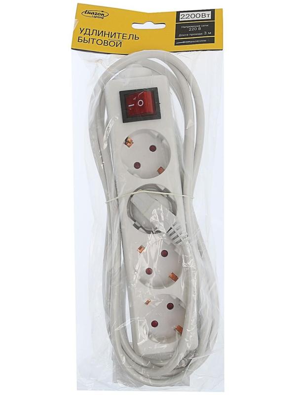Удлинитель Luazon Lighting, 4 розетки, 3 м, 10 А, 2200 Вт, 3х1.5 мм2, с з/к, с выкл., Б