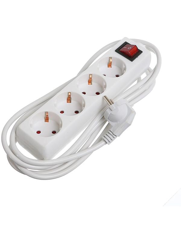 Удлинитель Luazon Lighting, 4 розетки, 3 м, 10 А, 2200 Вт, 3х1.5 мм2, с з/к, с выкл., Б