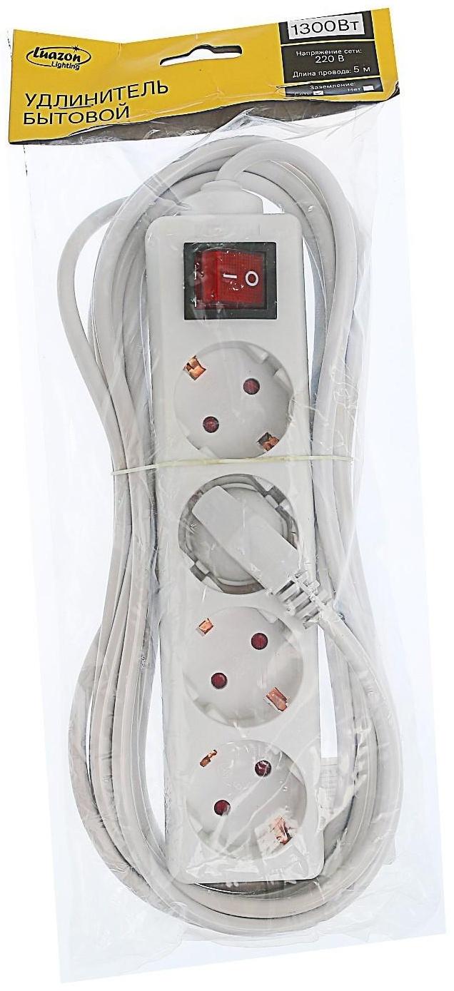 Удлинитель Luazon Lighting, 4 розетки, 5 м, 6 А, 1300 Вт, 3х0.75 мм2, с з/к, с выкл., Б