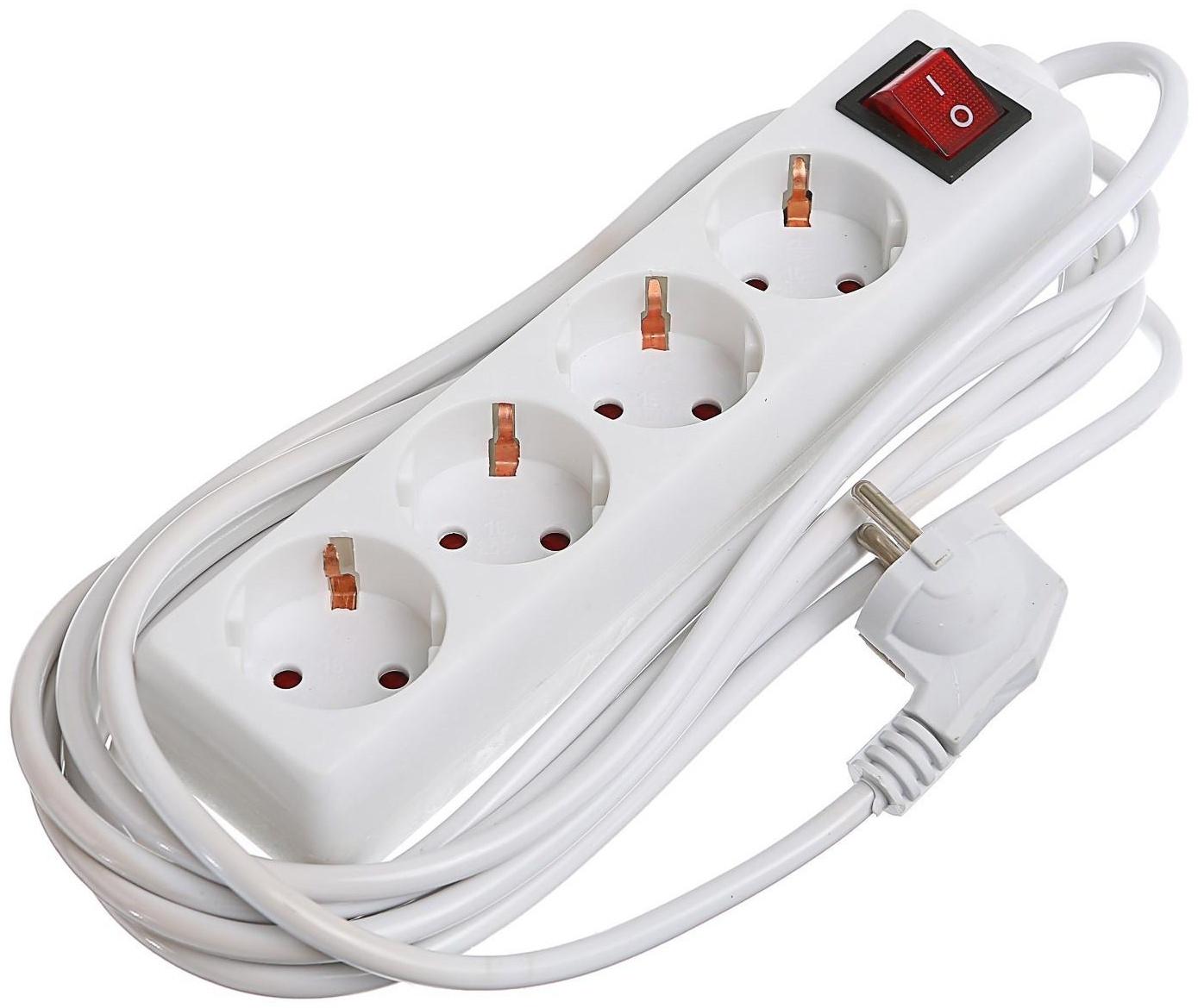 Удлинитель Luazon Lighting, 4 розетки, 5 м, 6 А, 1300 Вт, 3х0.75 мм2, с з/к, с выкл., Б