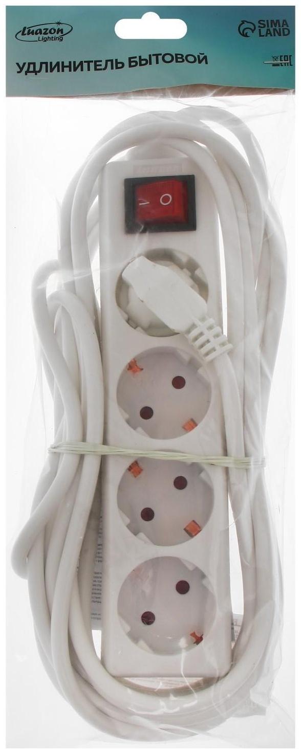 Удлинитель Luazon Lighting, 4 розетки, 5 м, 6 А, 1300 Вт, 3х0.75 мм2, с з/к, с выкл., Б
