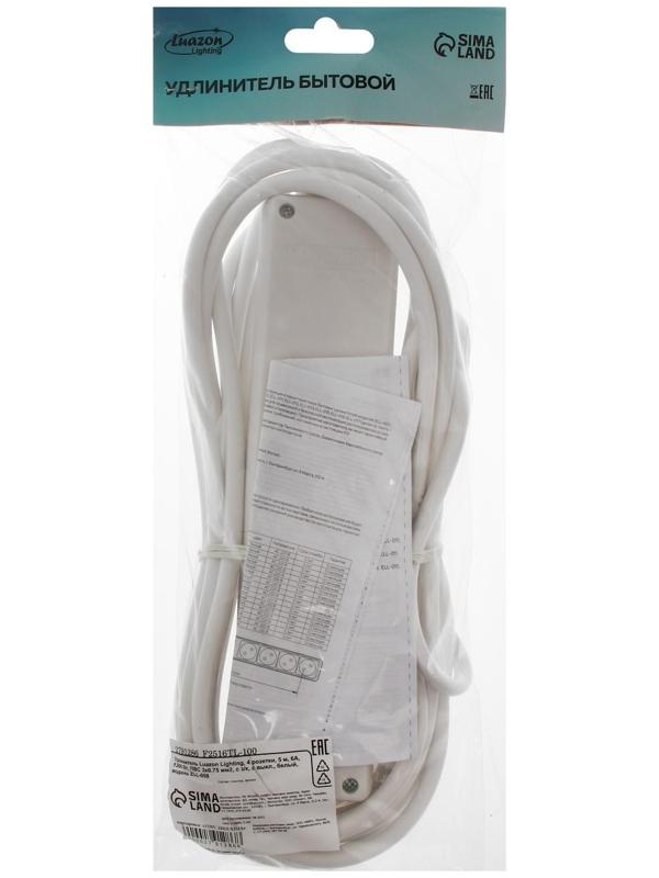 Удлинитель Luazon Lighting, 4 розетки, 5 м, 6 А, 1300 Вт, 3х0.75 мм2, с з/к, с выкл., Б