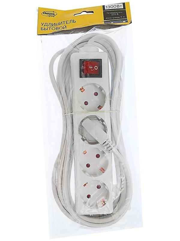Удлинитель Luazon Lighting, 4 розетки, 5 м, 6 А, 1300 Вт, 3х0.75 мм2, с з/к, с выкл., Б