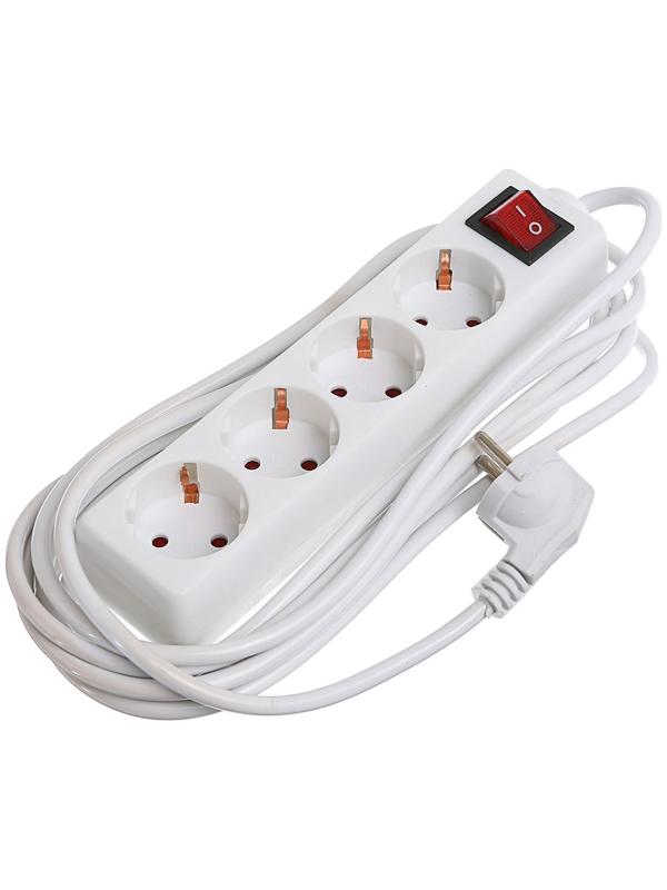Удлинитель Luazon Lighting, 4 розетки, 5 м, 6 А, 1300 Вт, 3х0.75 мм2, с з/к, с выкл., Б