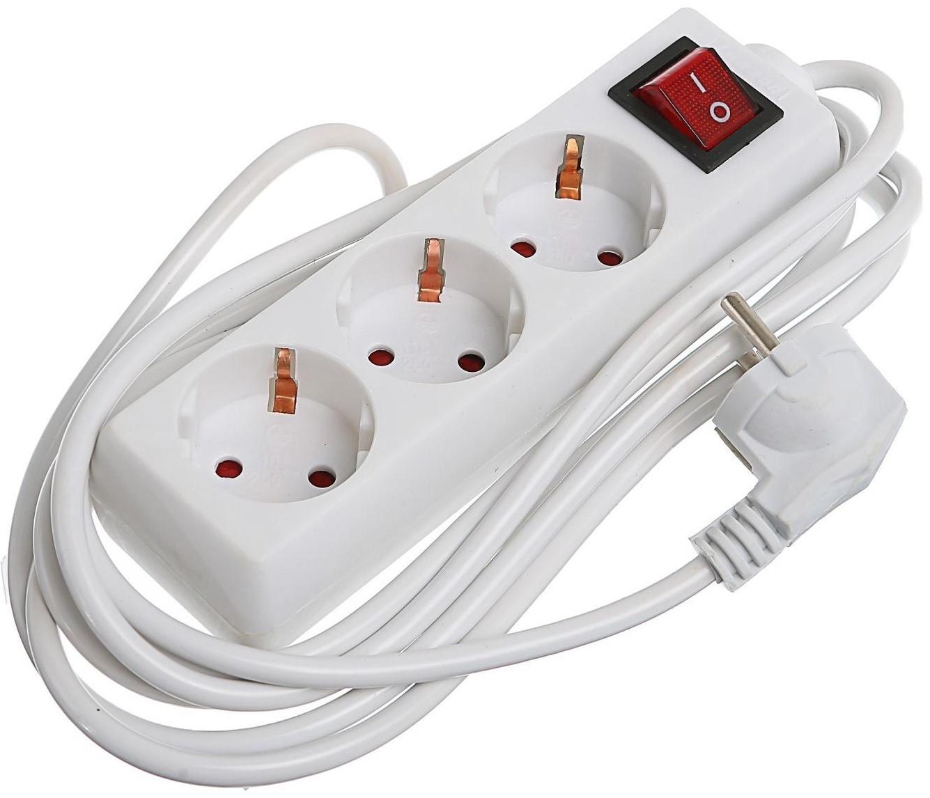 Удлинитель Luazon Lighting, 3 розетки, 3 м, 6 А, 1300 Вт, 3х0.75 мм2, с з/к, с выкл., Б