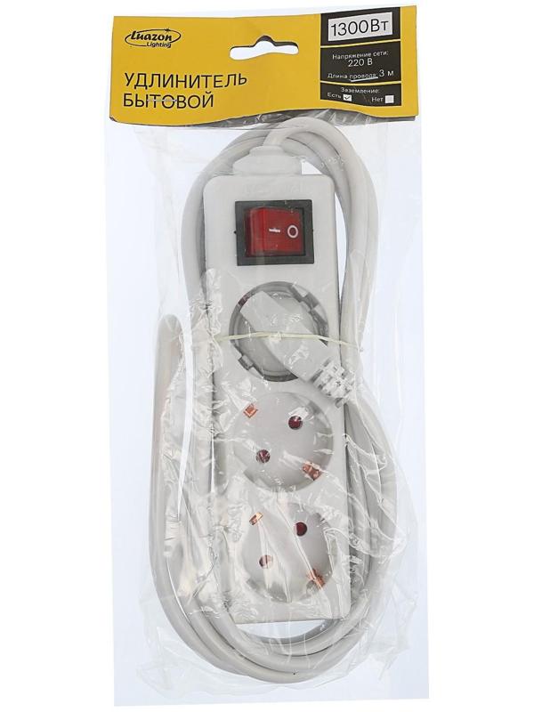 Удлинитель Luazon Lighting, 3 розетки, 3 м, 6 А, 1300 Вт, 3х0.75 мм2, с з/к, с выкл., Б