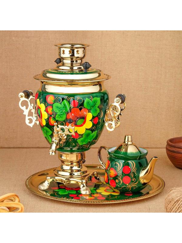 Набор «Маки на зелёном», жёлудь, 3 предмета, самовар 3 л, заварочный чайник 0,7 л, поднос