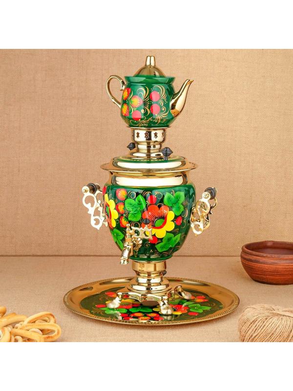 Набор «Маки на зелёном», жёлудь, 3 предмета, самовар 3 л, заварочный чайник 0,7 л, поднос