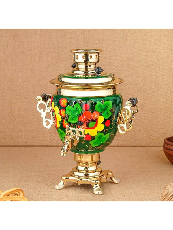 Набор «Маки на зелёном», жёлудь, 3 предмета, самовар 3 л, заварочный чайник 0,7 л, поднос