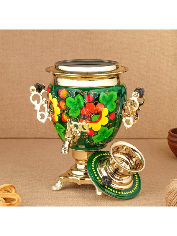 Набор «Маки на зелёном», жёлудь, 3 предмета, самовар 3 л, заварочный чайник 0,7 л, поднос