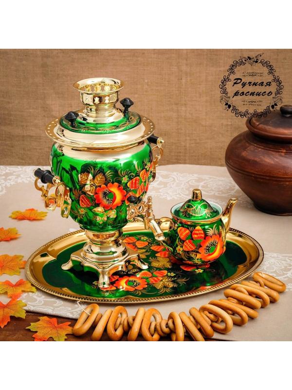 Набор «Маки на зелёном», жёлудь, 3 предмета, самовар 3 л, заварочный чайник 0,7 л, поднос