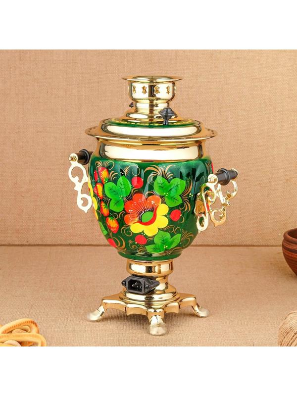 Набор «Маки на зелёном», жёлудь, 3 предмета, самовар 3 л, заварочный чайник 0,7 л, поднос