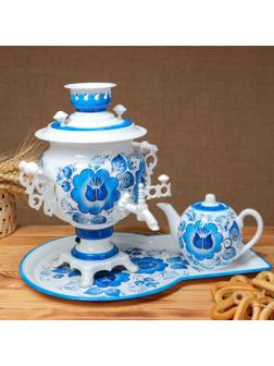 Набор «Гжель», овал, 3 предмета, самовар 3 л, заварочный чайник 0,7 л, поднос