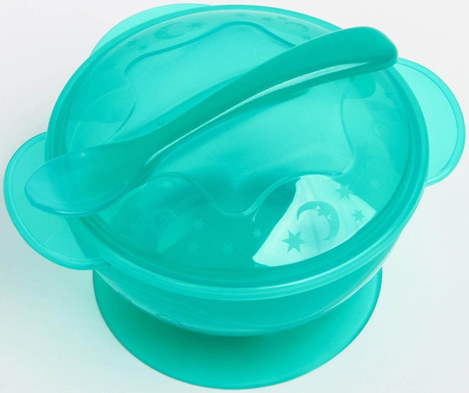 Набор детской посуды, 3 предмета: миска на присоске 330 мл, крышка, ложка, от 5 мес., цветаМИКС