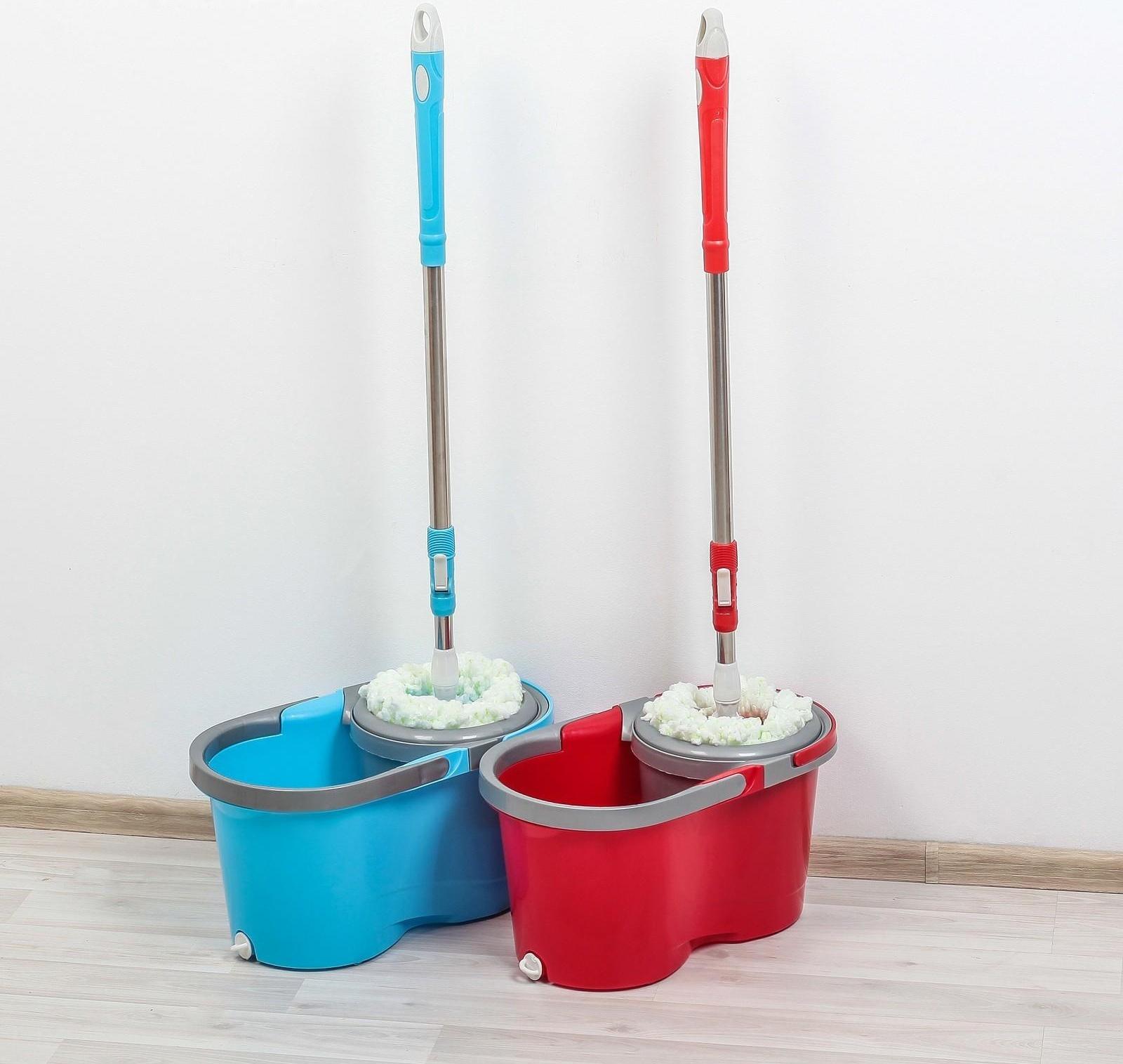 Швабра с отжимом и ведро с пластиковой центрифугой 16 л, запасная насадка из микрофибры, цвет МИКС