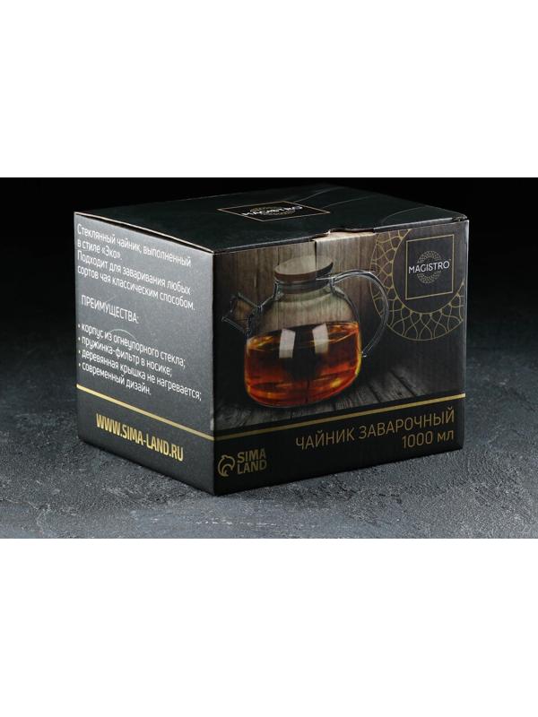Чайник стеклянный заварочный с бамбуковой крышкой и металлическим фильтром Magistro «Эко», 1 л