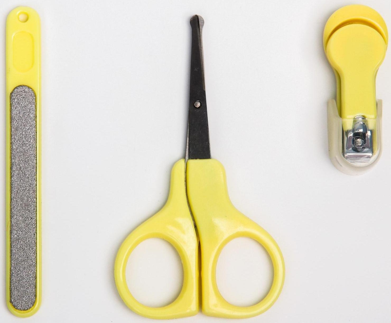 Детский маникюрный набор, 3 предмета: ножницы, пилка, книпсер, от 0 мес., цвет жёлтый