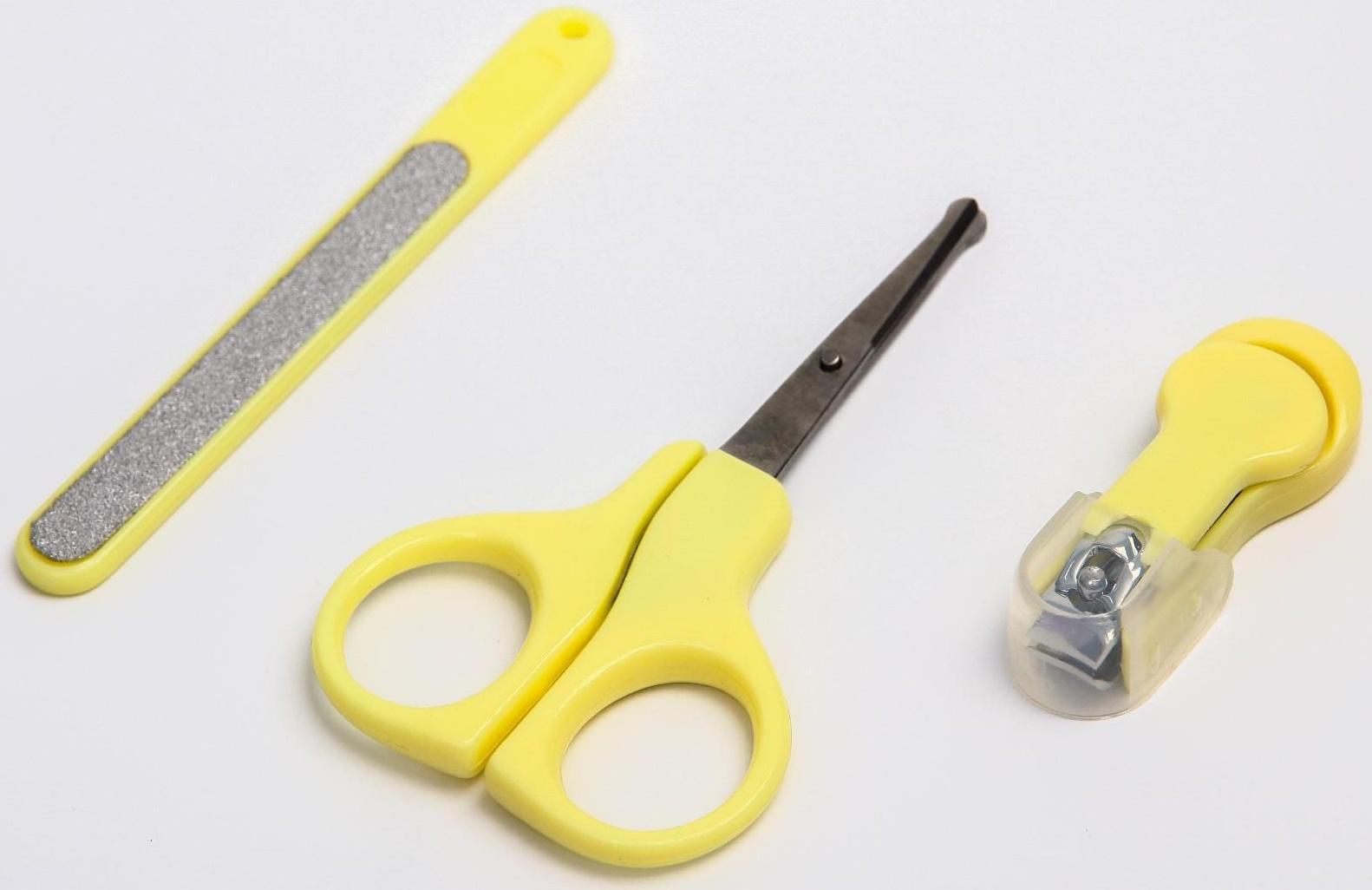 Детский маникюрный набор, 3 предмета: ножницы, пилка, книпсер, от 0 мес., цвет жёлтый