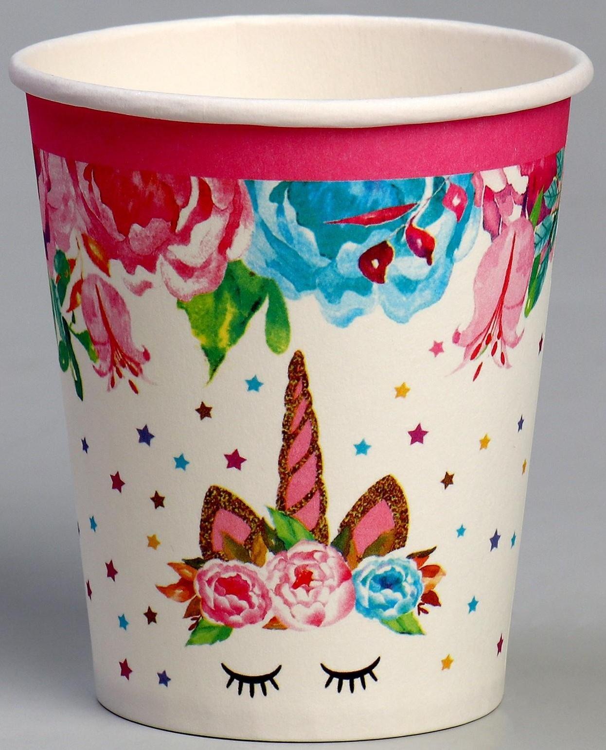 Стакан бумажный «Единорог и цветы», набор 6 шт., 220 мл, цвет розовый