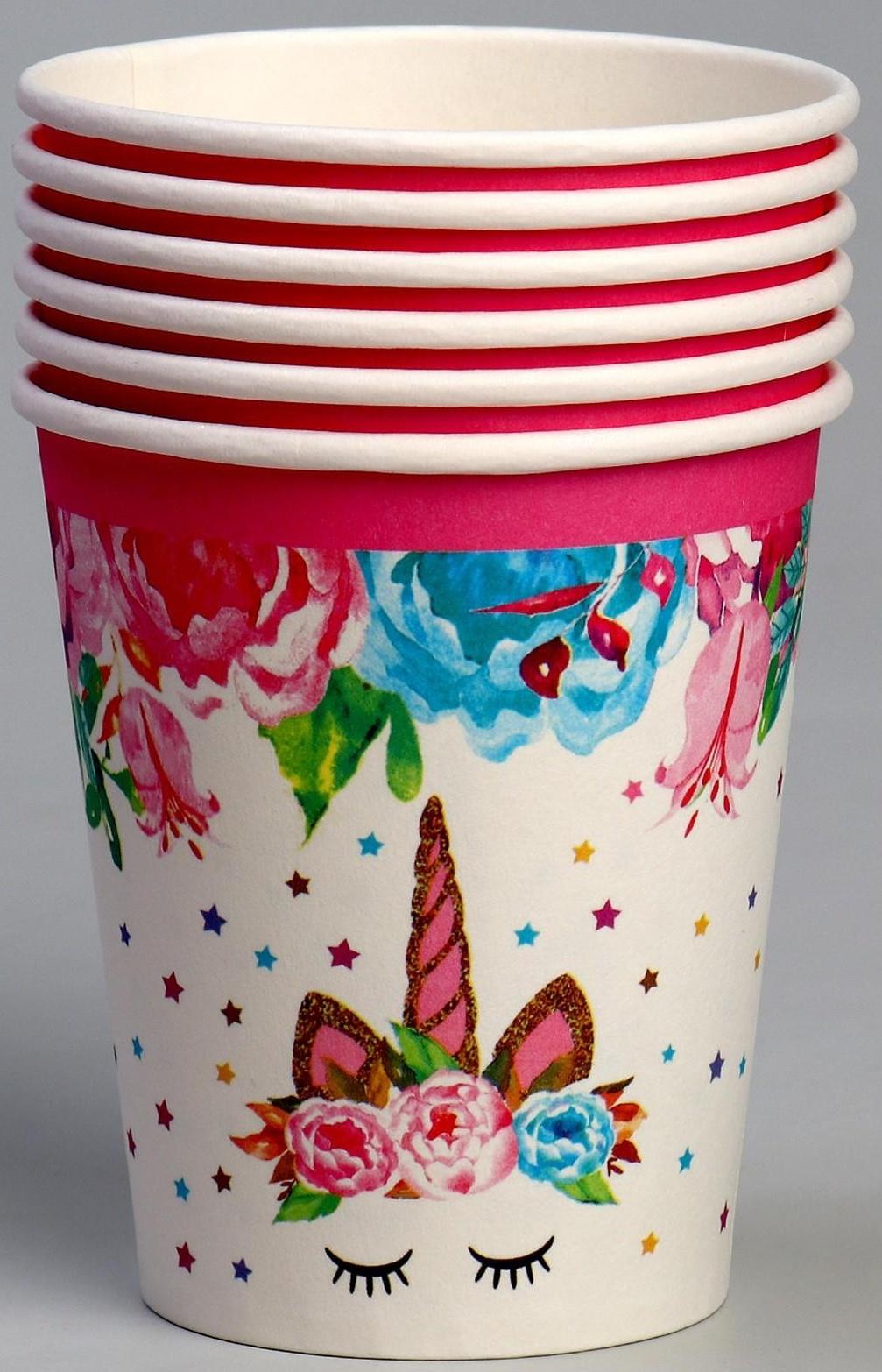 Стакан бумажный «Единорог и цветы», набор 6 шт., 220 мл, цвет розовый