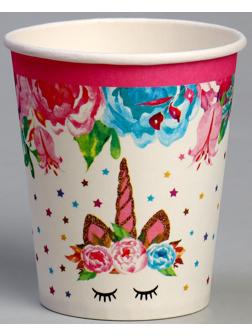 Стакан бумажный «Единорог и цветы», набор 6 шт., 220 мл, цвет розовый