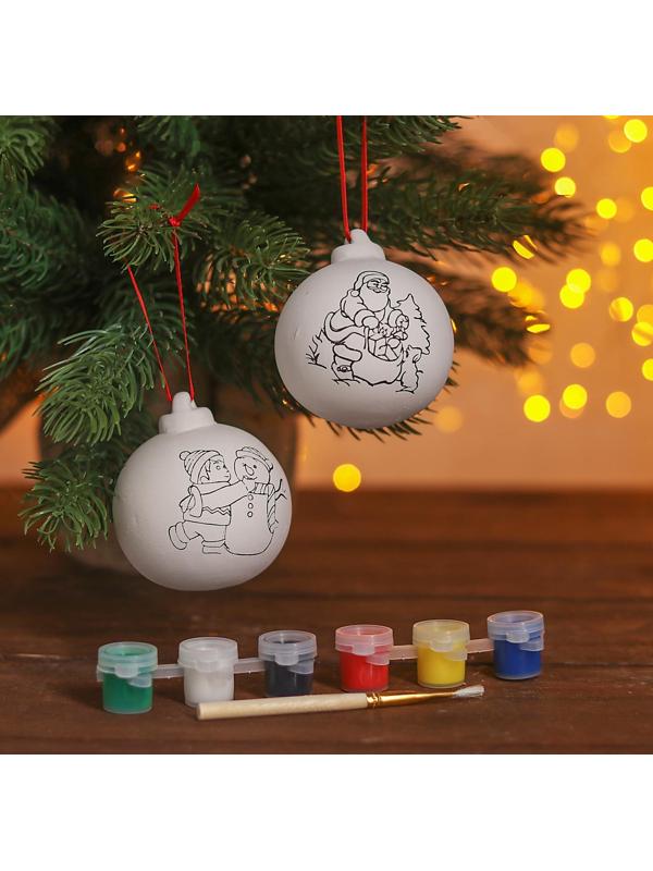Набор новогодних шаров под раскраску 2 шт. «Пара №3» с подвесом + краска 6 цв. по 2 мл, кисть