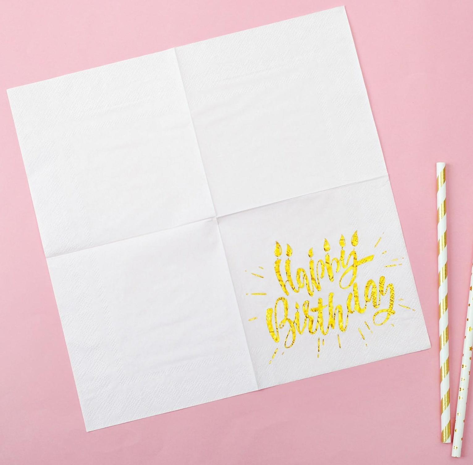 Салфетки Happy birthday, 25х25 см, 20 шт., тиснение золото, на белом фоне