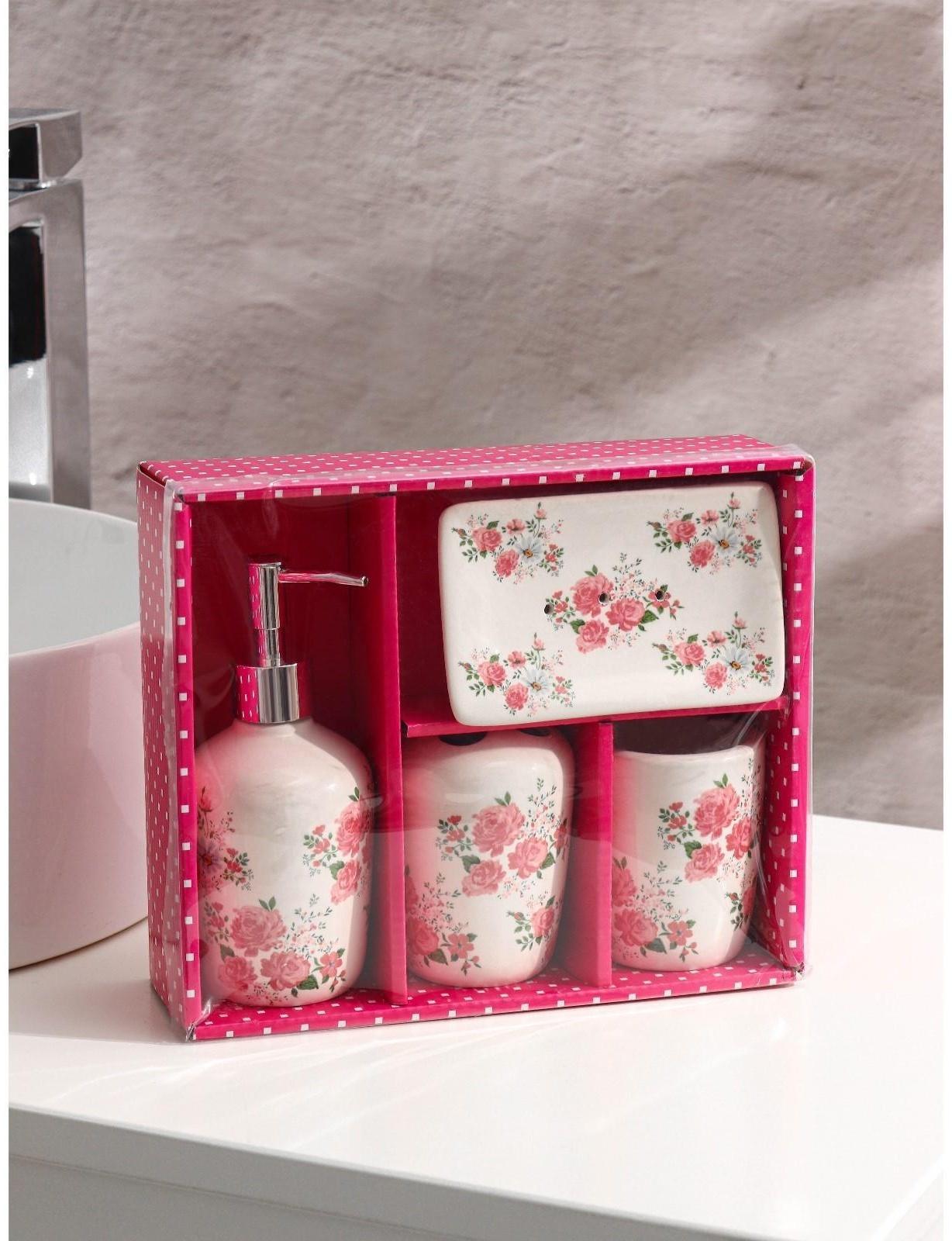 Набор аксессуаров для ванной комнаты «Розовые розы», 4 предмета (дозатор 300 мл, мыльница, 2 стакана), цвет белый