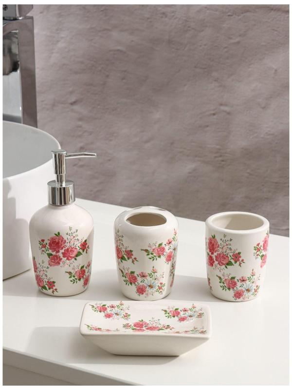 Набор аксессуаров для ванной комнаты «Розовые розы», 4 предмета (дозатор 300 мл, мыльница, 2 стакана), цвет белый