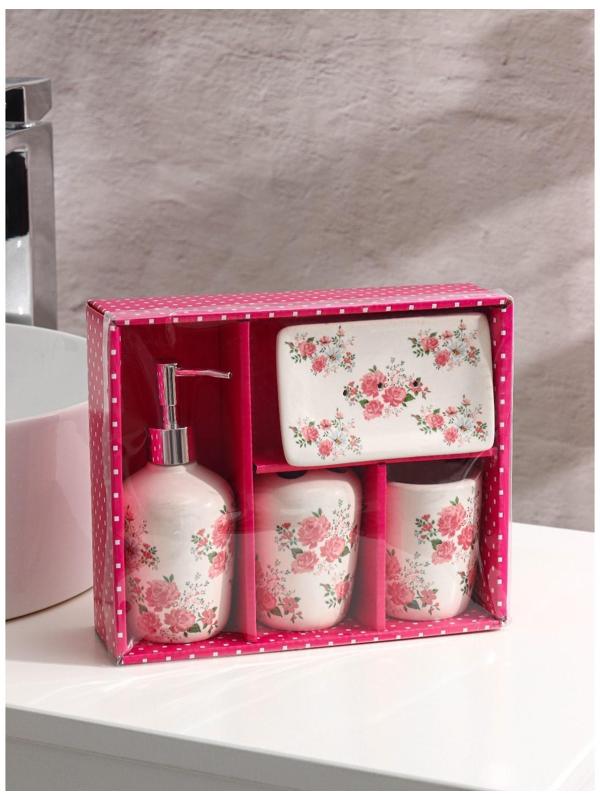 Набор аксессуаров для ванной комнаты «Розовые розы», 4 предмета (дозатор 300 мл, мыльница, 2 стакана), цвет белый