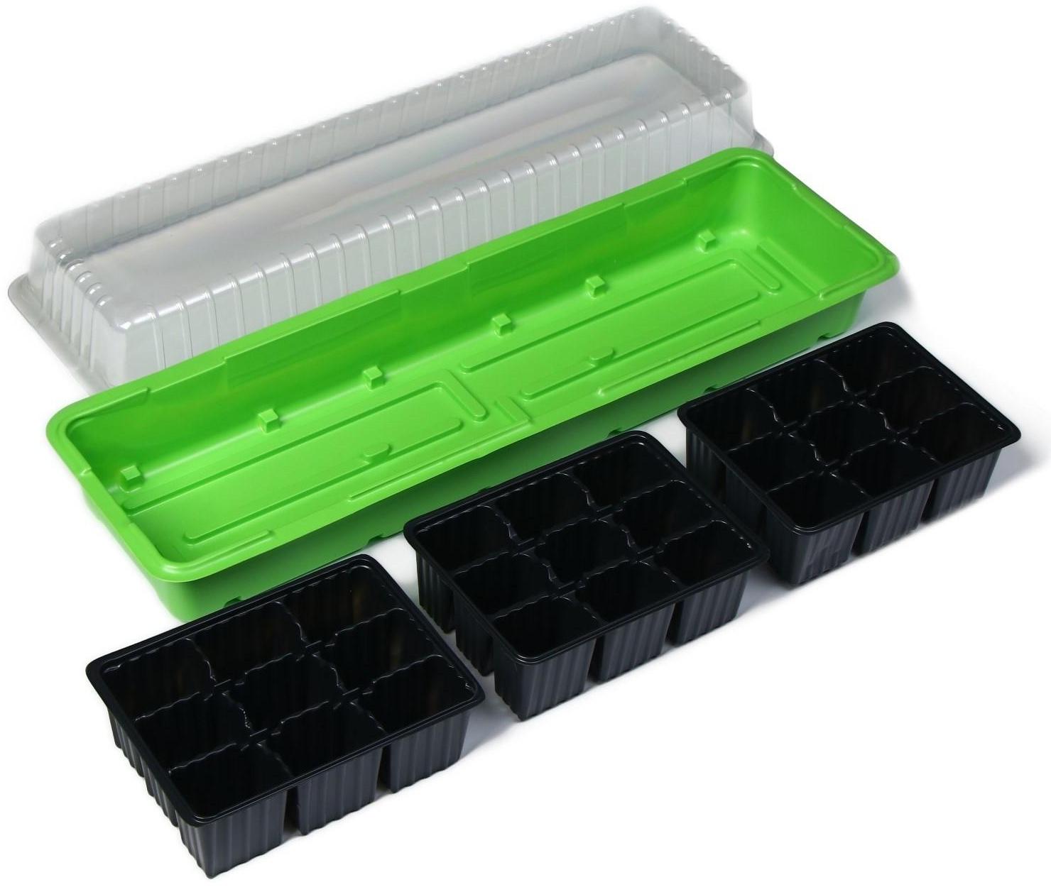 Мини-парник для рассады, 57 × 18 × 12 см, 3 вставки, 27 ячеек, Greengo