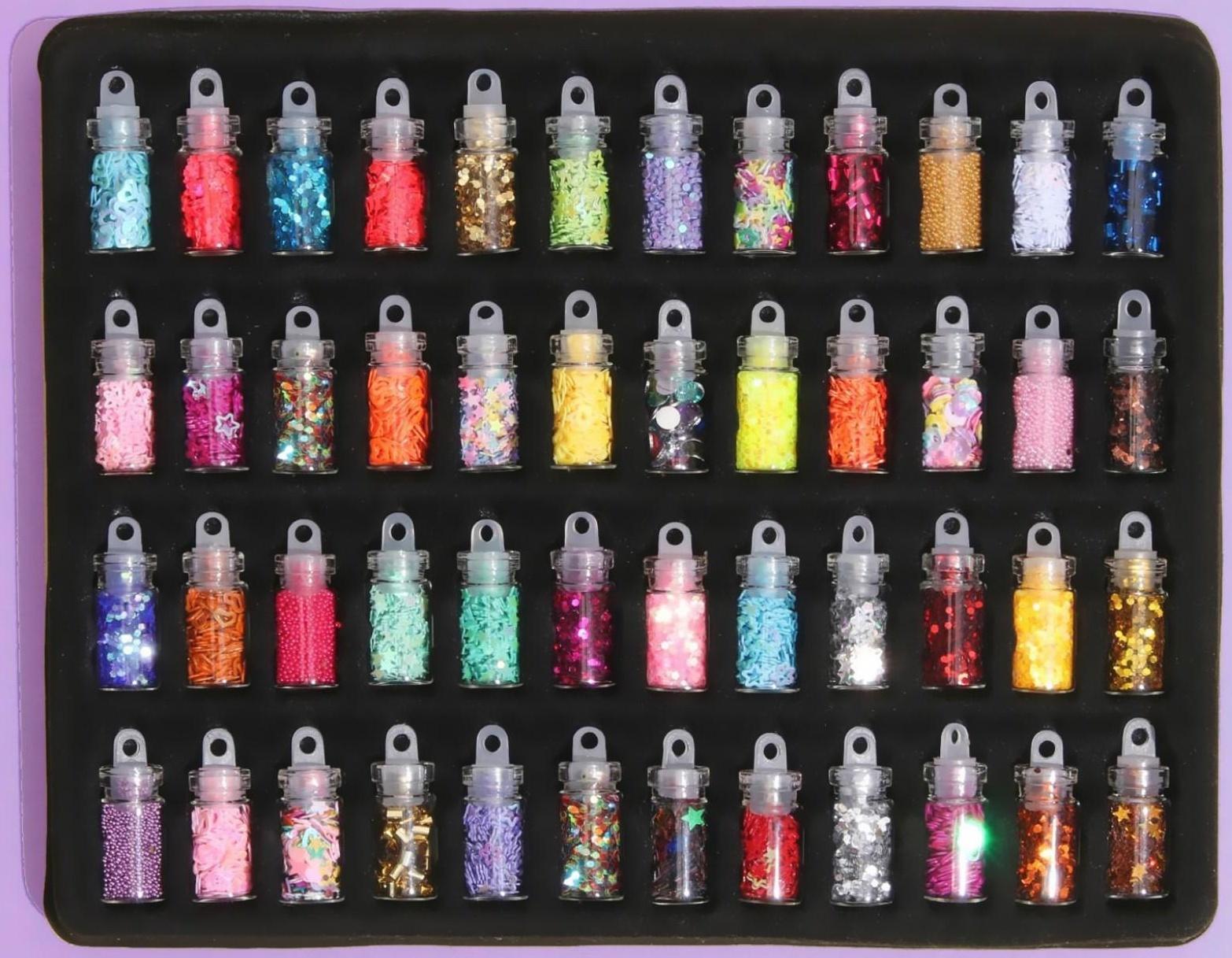 Ассорти для декора, в пластиковом органайзере, набор 48 бутылочек, разноцветные