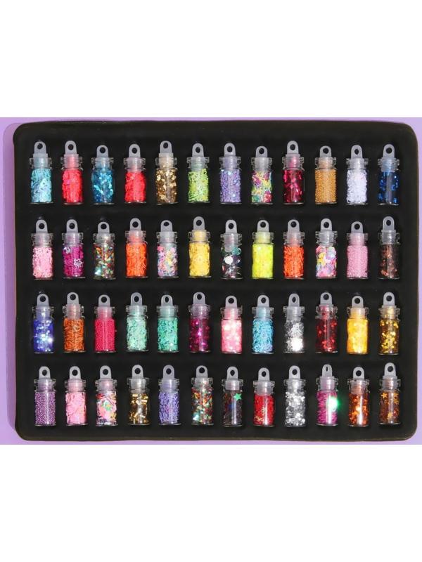 Ассорти для декора, в пластиковом органайзере, набор 48 бутылочек, разноцветные