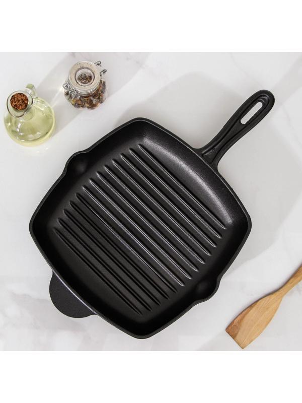 Сковорода-гриль чугунная «Гриль глубокий», 28×5,5 см, 2 слива, чугунная ручка, цвет чёрный