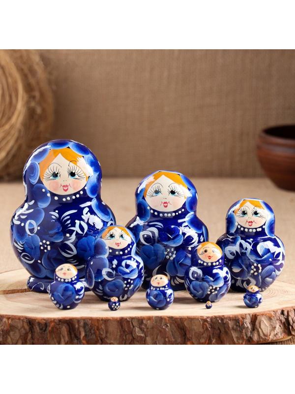 Матрёшка «Гжель», синее платье, 10 кукольная, 13 см,ручная роспись
