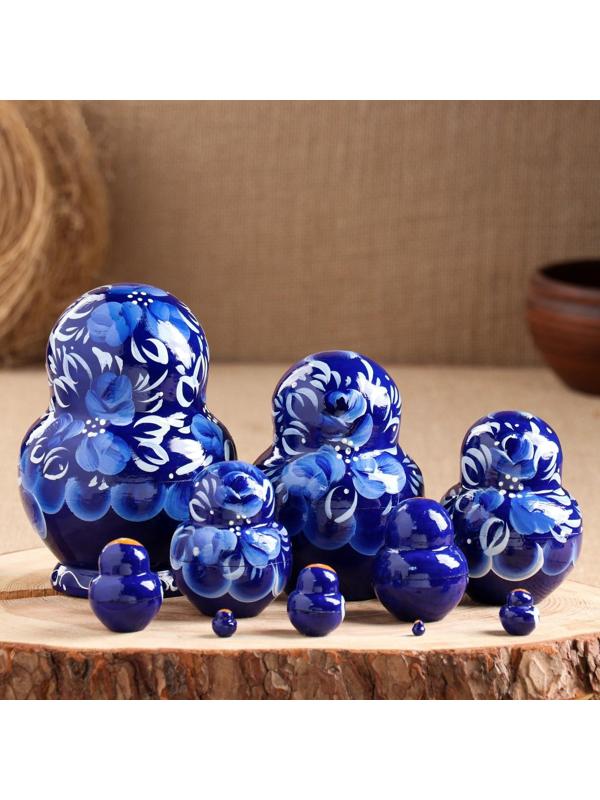 Матрёшка «Гжель», синее платье, 10 кукольная, 13 см,ручная роспись