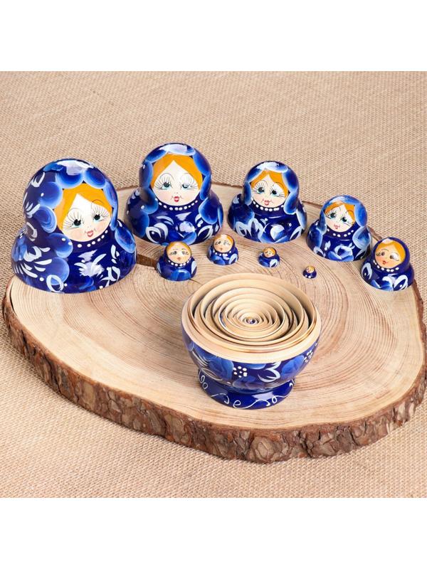 Матрёшка «Гжель», синее платье, 10 кукольная, 13 см,ручная роспись