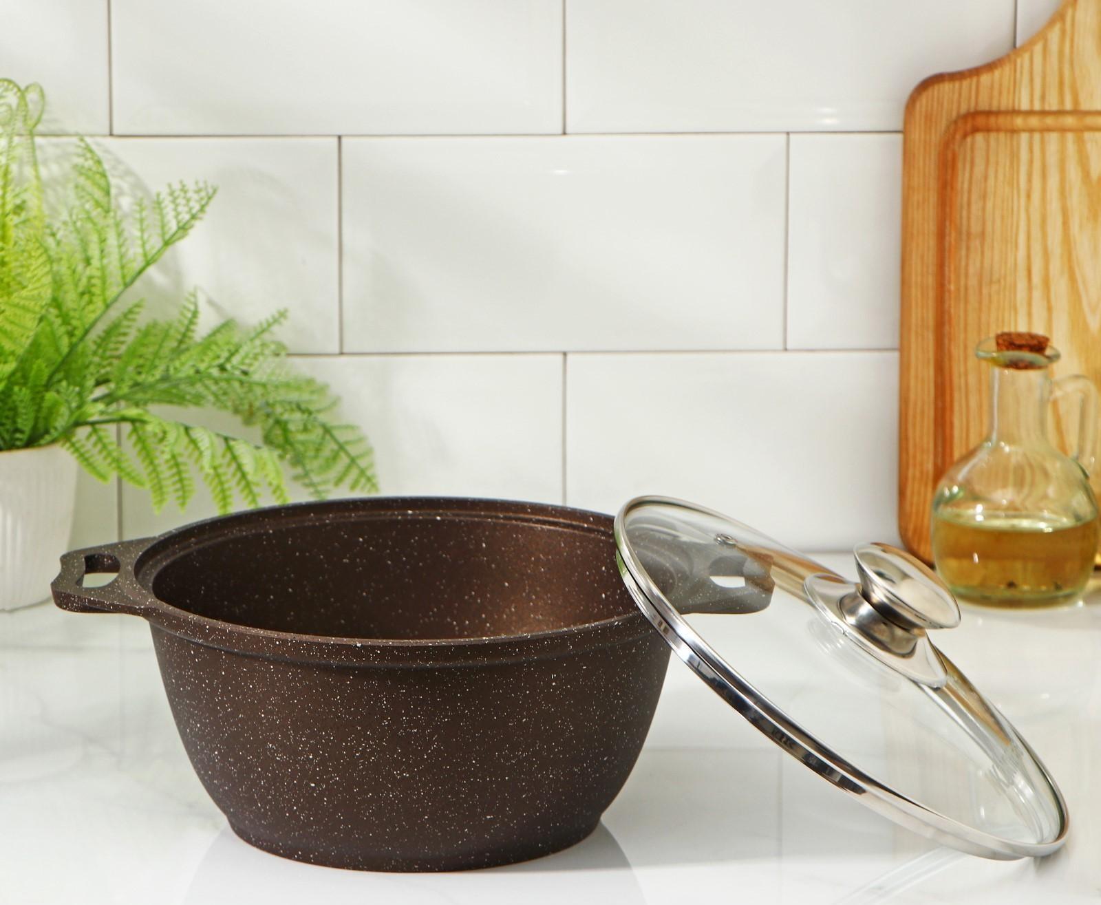 Кастрюля, 2 л, стеклянная крышка, антипригарное покрытие, цвет кофейный мрамор