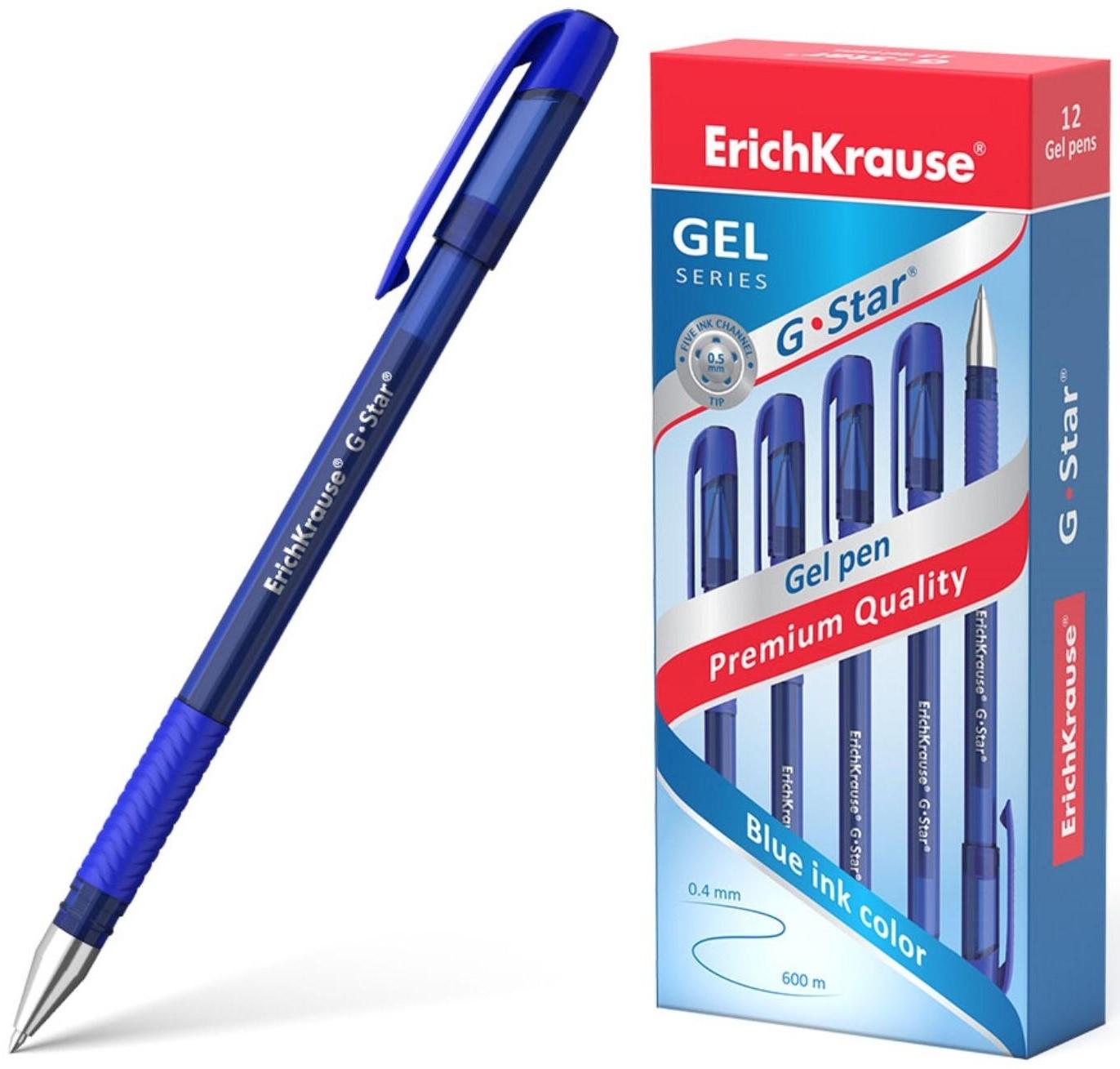Ручка гелевая ErichKrause G-Star, чернила синие, узел 0.5 мм, грип-зона из резины, длина письма 600 метров