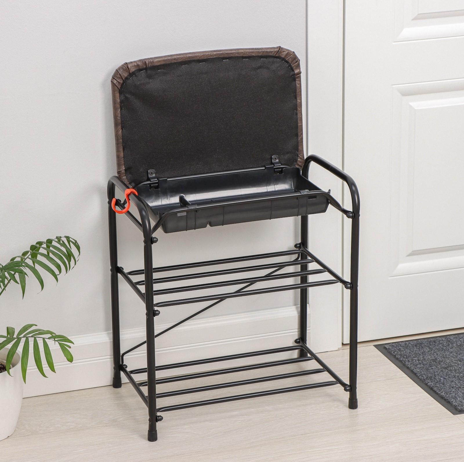 Подставка для обуви с сиденьем и ящиком ЗМИ, 3 яруса, 45×30×48 см, цвет чёрный